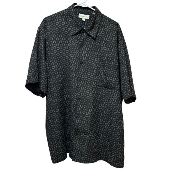Pronto Uomo 100% Silk Shirt Geometric Rectangle Pattern Black White Men XL EUC - Picture 2 of 5